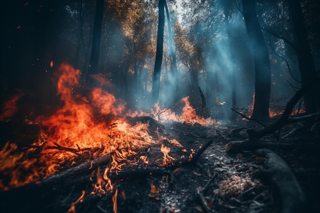 Fire in a dark forest with a blue sky and smoke coming out of it