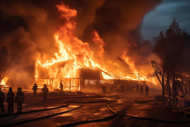 Fire destroys residential home at city in form of flames coming from roof generative ai