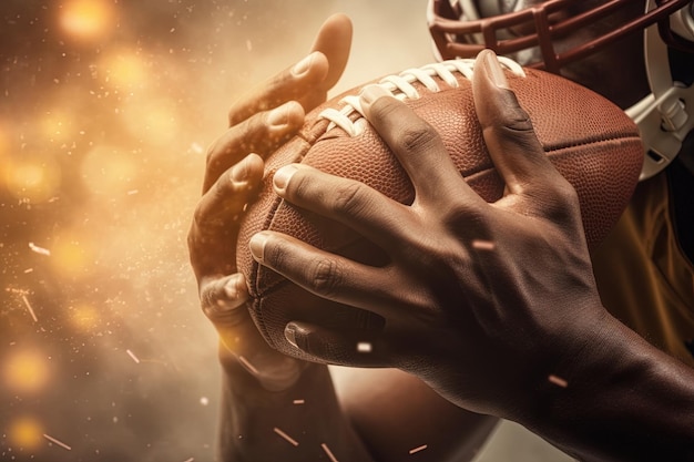 On fire detail of american football on player hands Sportsman in action catching the ball illustration generative ai