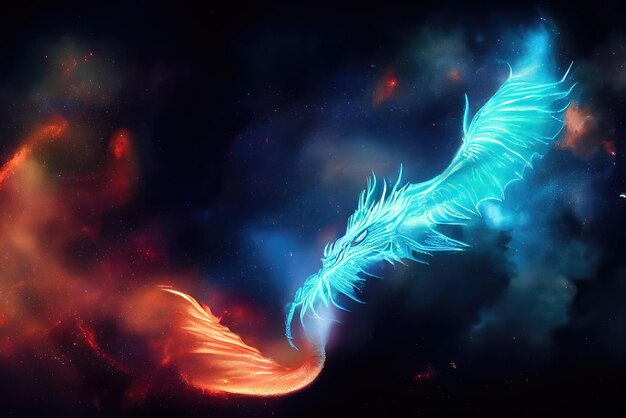 Photo fire dragon in the above galaxy concept illustration