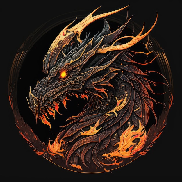 Photo fire dragon head on a black background generative ai illistration of ancient red dragon on black background dragons background