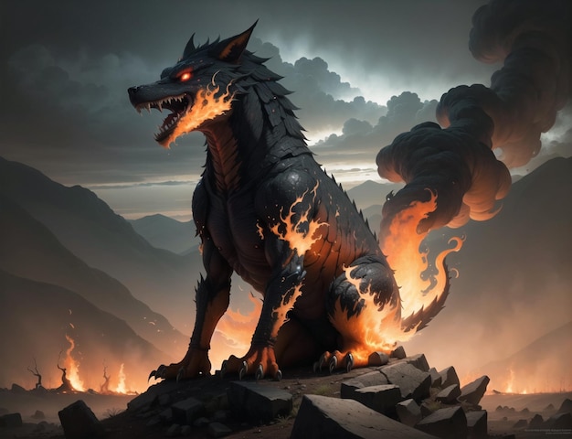 A fire dragon is burning on the mountain.