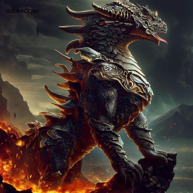 Fire Dragon On Volcano Mountain