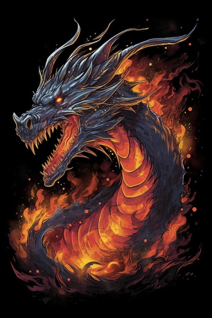 A fire dragon with a blue face and a black face.