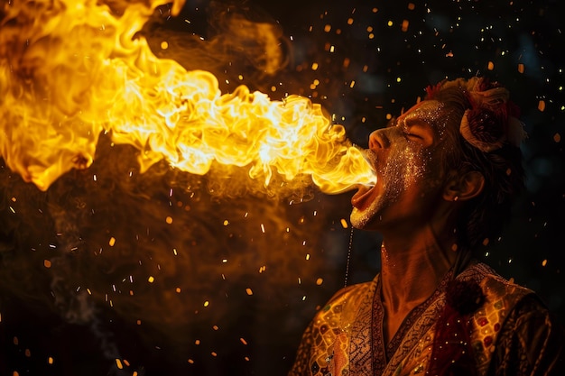 A fire eater bravely swallowing flames and breathing fire into the air mesmerizing the audience with daring feats of courage