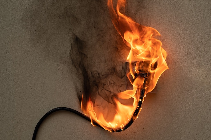 コンクリートの壁に露出したコンクリートの背景にある火の電線プラグレセプタクル