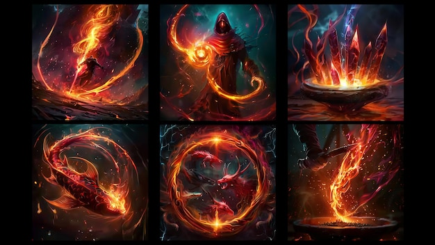 Photo fire element skill icons for fantasy and medieval games