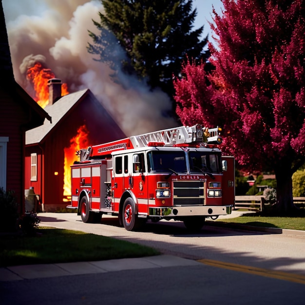 사진 화재 비상 대응 사진 에 있는 주거 건물  에 있는 소방차