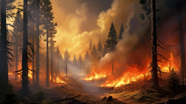 A fire engulfs the forest and dry grass leaving a black layer of burning and ash on the ground