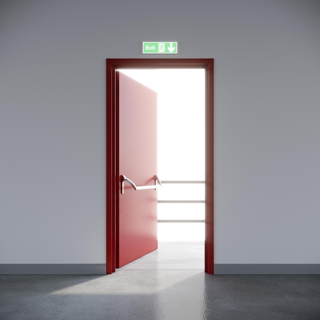 Fire exit red door in white sapce building 3d rendering