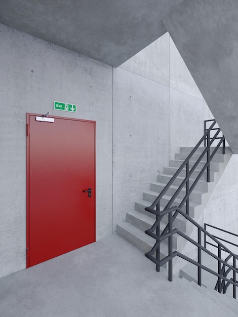 Fire exit red metal door in concrete sapce building 3d rendering