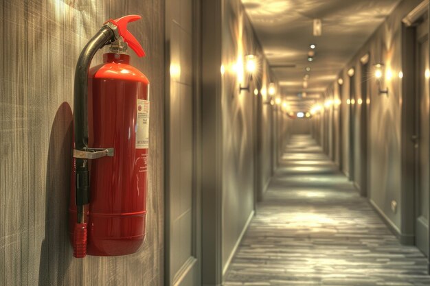 写真 ホテルの廊下の消火器と消防ホースのリル