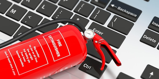 Fire extinguisher on computer keyboard with text label 3d illustration