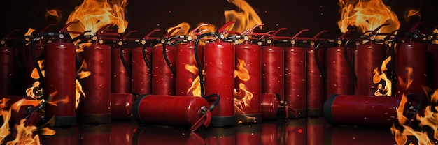 Fire extinguisher on a fire background 3d rendering