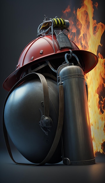 炎を背景にした消火器と消防士のヘルメット 作動中の必須安全装備