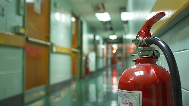 Photo fire extinguisher readiness emphasizing safety in a school hallway