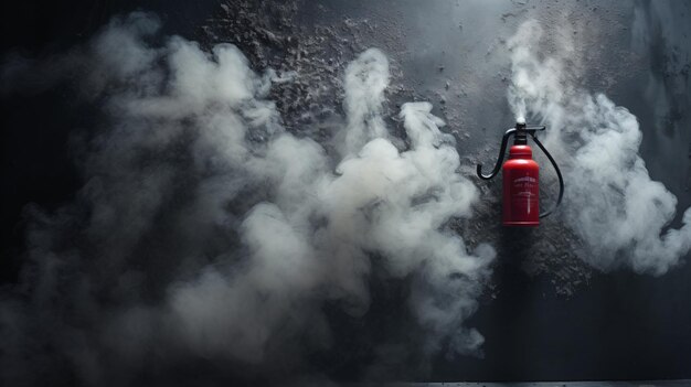 Photo fire extinguisher on wall with smoke