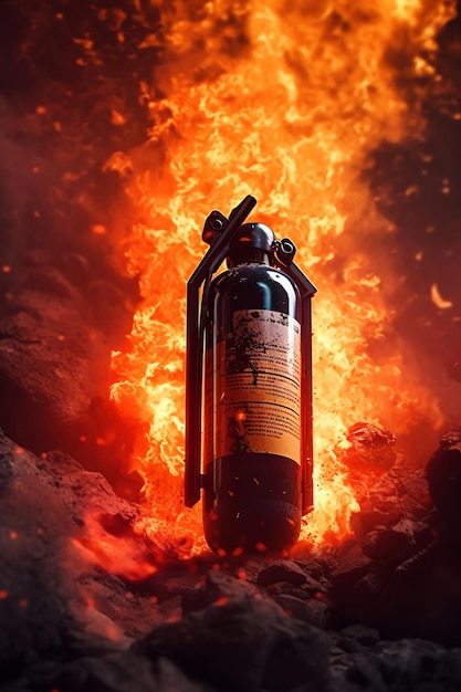 Fire extinguisher with fire background