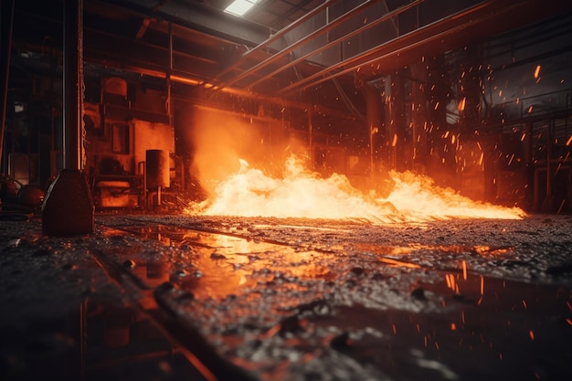 A fire in a factory with orange flames and smoke