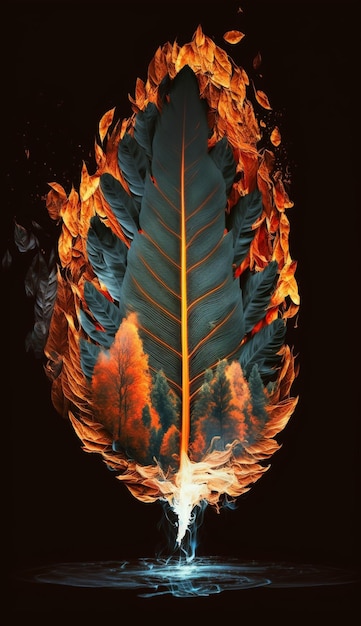 A fire and feather that is burning on a black background