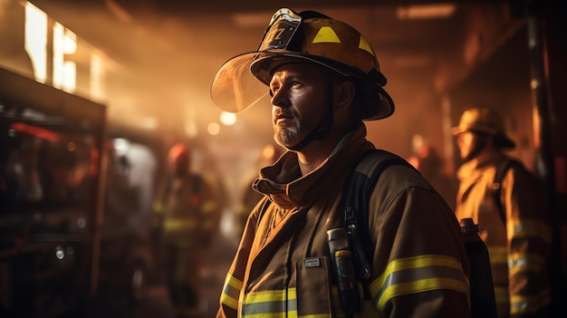 Fire fighter against the background of fire fire blurred bokeh lights generative ai