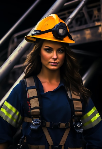 消防士の美しい女の子の魅力的な顔がヘルメットとフル スーツのサバイバル ファッション撮影を身に着けています。
