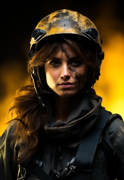 пожарный красивая девушка привлекательное лицо в шлеме и полном костюме модная съемка выживания