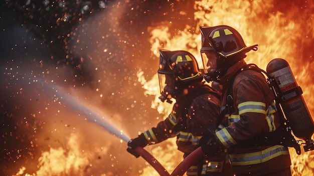 Photo fire fighter hosing water to extinguish a fire over the objects in accident on the factory