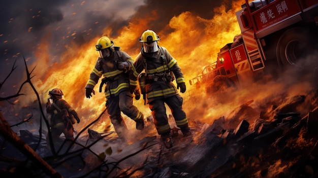 Photo fire fighter man with fire background