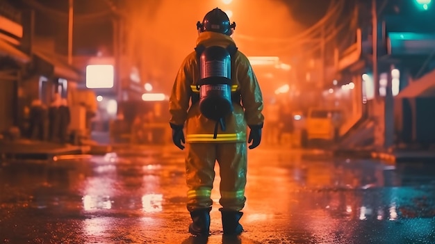 Fire fighter standing in front of burning flame