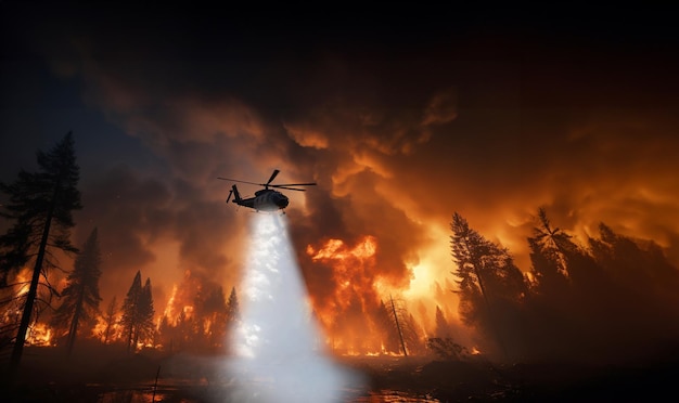 Fire fighting helicopter carry water bucket extinguish the forest fire Helicopter drops water