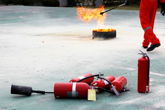 Photo fire fighting training and used extinguisher