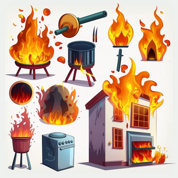 Fire fired house with burnt door fiery smoky kitchen in hot flame blaze illustration set of lighter