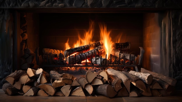 Fire in fireplace burning wood flames on logs closeup