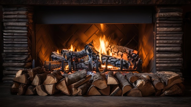 Fire in fireplace burning wood flames on logs closeup