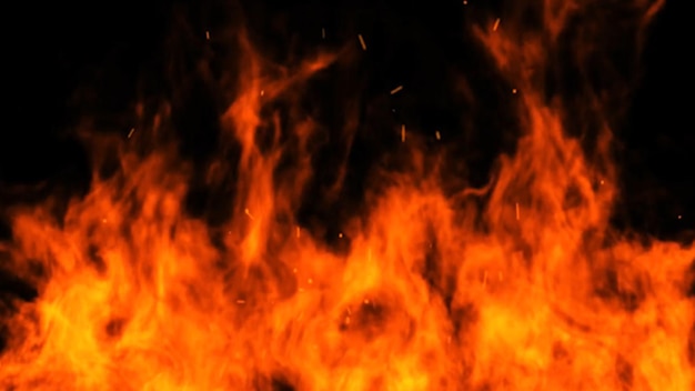 Fire flame background. Realistic burning fire flames with smoke on black background.