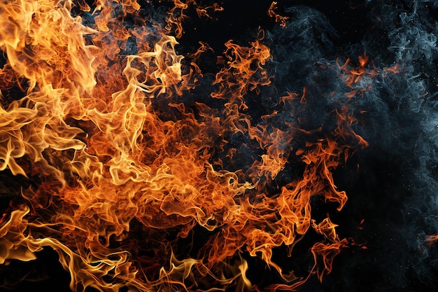 Fire flames on a black background Texture of fire for design