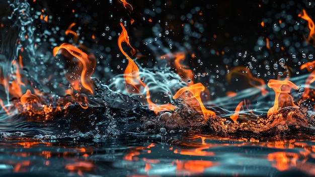 Photo fire flames and a water splash meeting on a dark background illustrating a struggle