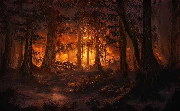 Fire in forest burning trees a natural disaster uncontrolled\
burning of vegetation and spontaneous spread of fire over the\
forest area forest fire illustration