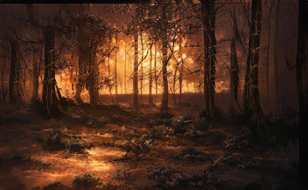 Fire in forest burning trees a natural disaster uncontrolled\
burning of vegetation and spontaneous spread of fire over the\
forest area forest fire illustration