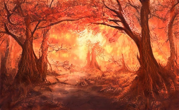 fire in forest burning trees a natural disaster uncontrolled burning of vegetation and spontaneous spread of fire over the forest area forest fire illustration