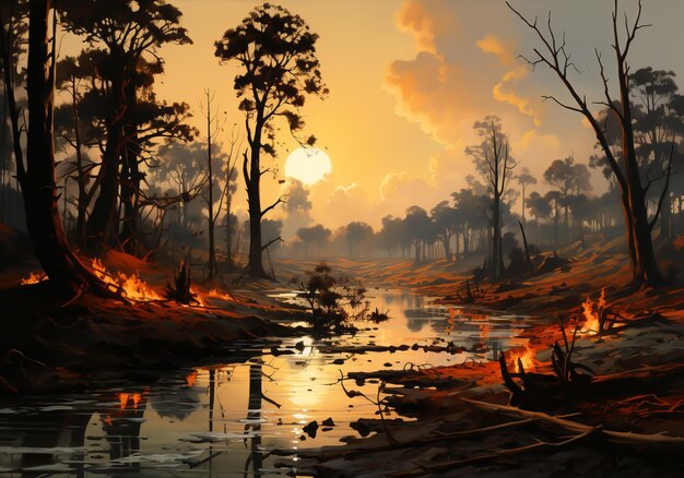 Photo fire in the forest disaster in the landscape ai generated