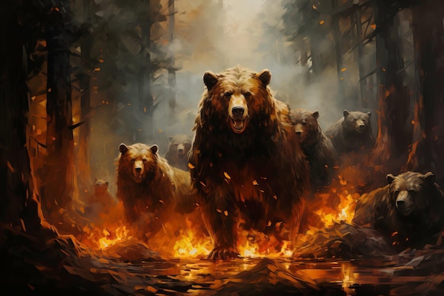 Fire in forest flame lights frightened brown bear closeup dark background AI generated Ecological