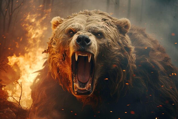 Photo fire in forest flame lights frightened brown bear closeup dark background ai generated ecological