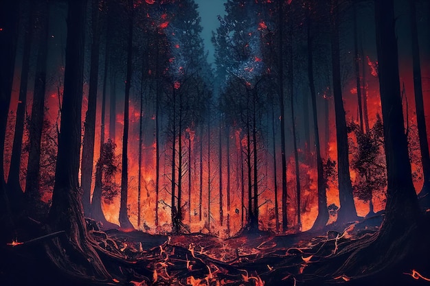 A fire in the forest is burning in flames.