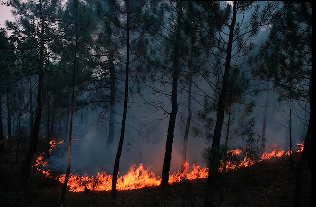 Fire in a forest of pines