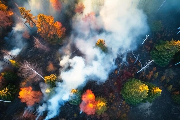 Fire in the forest in summer with smoke natural disaster cataclysm AI generated