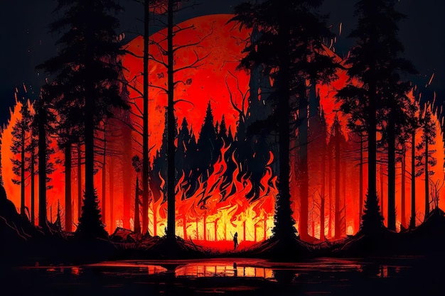 A fire in the forest with a burning forest and a man in a red shirt.