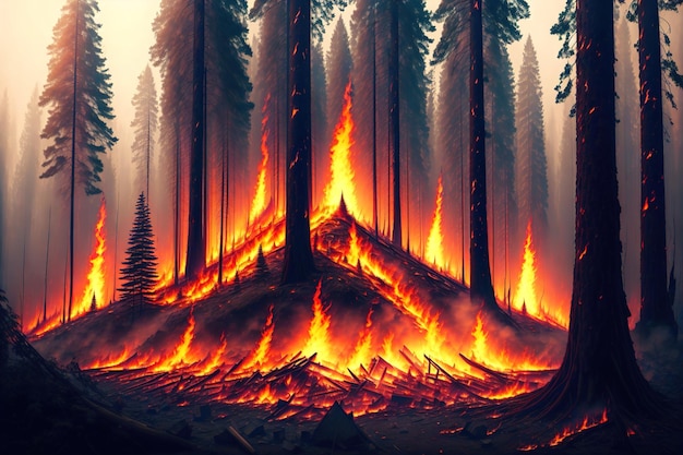 A fire in a forest with a forest in the background