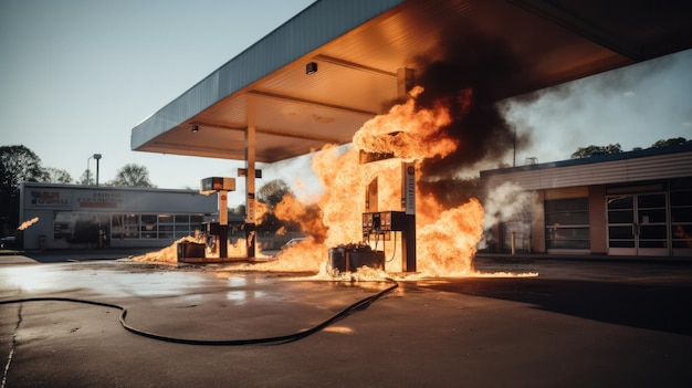 Fire at a gas station in daytime